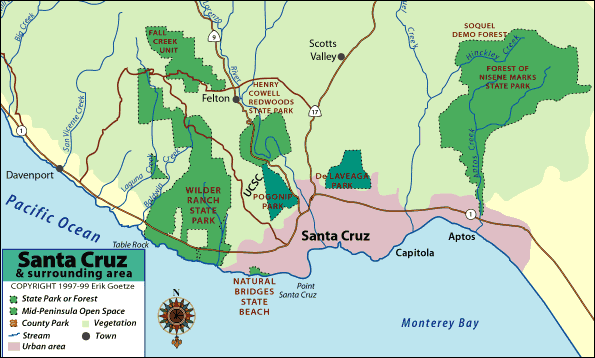 An overview map showing the Santa Cruz area, and the parks with panoramic content